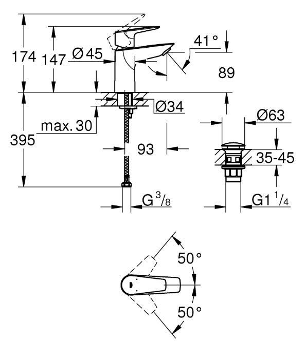 Смеситель для раковины Grohe Start Edge с донным клапаном (цвет-хром) 23898001 23898001 &mdash; фото в Esantehnika