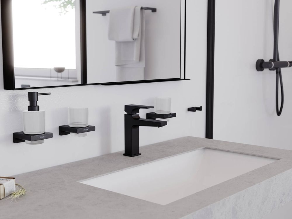 Набір аксесуарів 4-в-1 Hansgrohe AddStoris (колір - чорний матовий/скло - матове) 41771670+41745670+41749670+41752670 41771670+41745670+41749670+41752670 &mdash; фото в Esantehnika