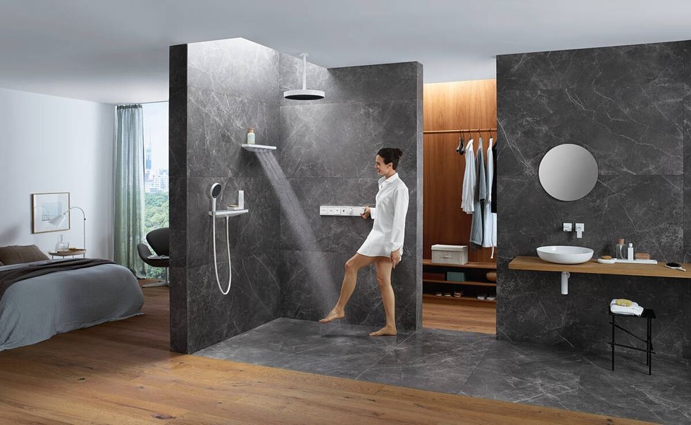 Боковой душ Hansgrohe Rainfinity 500 1jet с душевой полкой, Matt White (26243700) 26243700 &mdash; фото в Esantehnika