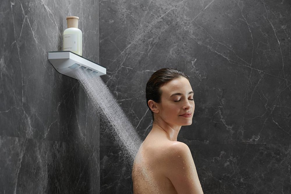 Боковой душ Hansgrohe Rainfinity 500 1jet с душевой полкой, Matt White (26243700) 26243700 &mdash; фото в Esantehnika