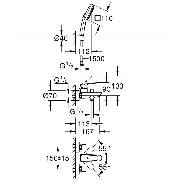 Смеситель для ванны с душем Grohe Cubeo чёрный матовый (1018142430) 1018142430 &mdash; фото в Esantehnika