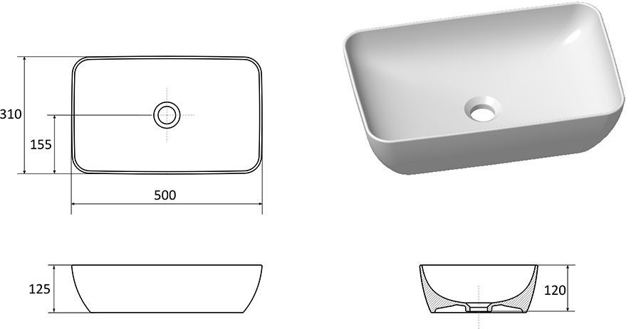 Умывальник накладной керамический Ravak UNI 500 R SLIM прямоугольный XJX01150001 XJX01150001 &mdash; фото в Esantehnika
