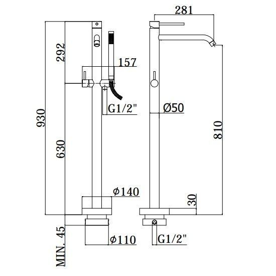Смеситель для ванны Paffoni Light черный матовый LIG032NO+LIG030 LIG032NO+LIG030 &mdash; фото в Esantehnika