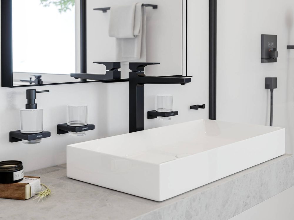 Стакан для зубных щёток, подвесной Hansgrohe AddStoris, чёрный матовый/стекло матовое 41749670 41749670 &mdash; фото в Esantehnika