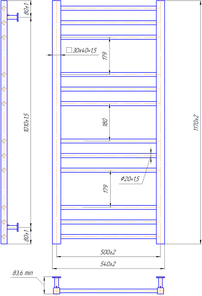 Водяна рушникосушарка Mario Premium Classic 1170&times;540/500 Полірована сталь, арт. 1.7.044599.P 1.072.048822.BM &mdash; фото в Esantehnika