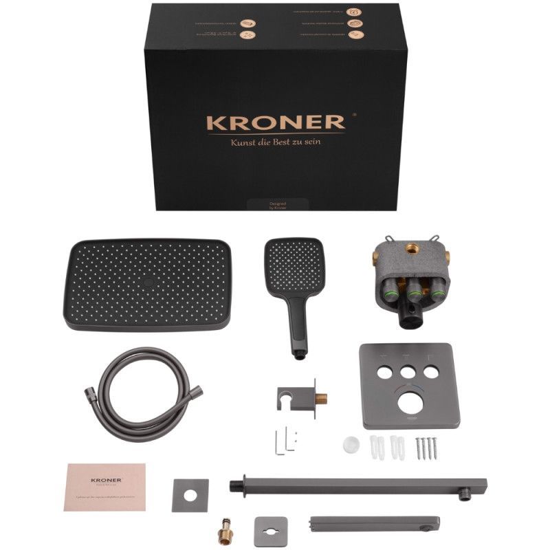 Душевая система скрытого монтажа KRONER Element Thermo с термостатом, верхним душем и изливом, графит (CV036830) CV036830 &mdash; фото в Esantehnika