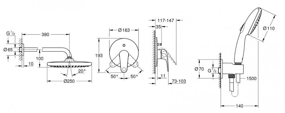 Душевая система скрытого монтажа Grohe EuroEco Tempesta 250 (UA2939200L) UA2939200L &mdash; фото в Esantehnika