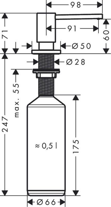 Дозатор кухонный для моющего Hansgrohe A41, 500 ml, Stainless Steel Finish (40438800) 40438800 &mdash; фото в Esantehnika