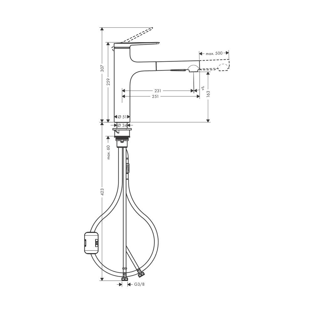 Кухонный смеситель, с вытяжным душем, 2 вида струи Hansgrohe Zesis M33 (цвет - чёрный матовый) 74801670 74801670 &mdash; фото в Esantehnika