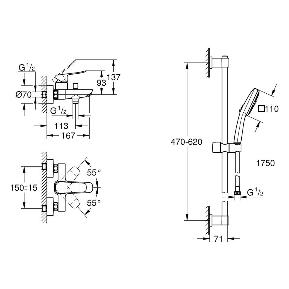 Комплект GROHE QuickFix Dice: смеситель для ванны BF101872VC, смеситель для раковины Dice M-Size 1018330000 и гигиенический душ скрытого монтажа UA202408QF, хром (SET-BF101872VC-1018330000-UA202408QF) SET-BF101872VC-1018330000-UA202408QF &mdash; фото в Esantehnika