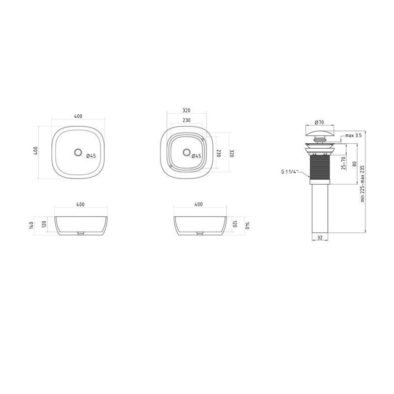 Комплект Qtap Kolibri: Раковина накладна 400x400x140 мм, White, квадратна + Донний клапан Pop-up PU02 QT10116303W48466 QT10116303W48466 &mdash; фото в Esantehnika