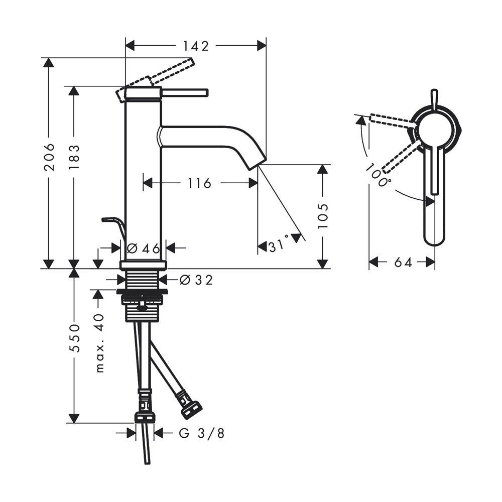 Змішувач для раковини 110 CoolStart Hansgrohe Tecturis S (колір - чорний матовий), з донним клапаном 73314670 73314670 &mdash; фото в Esantehnika