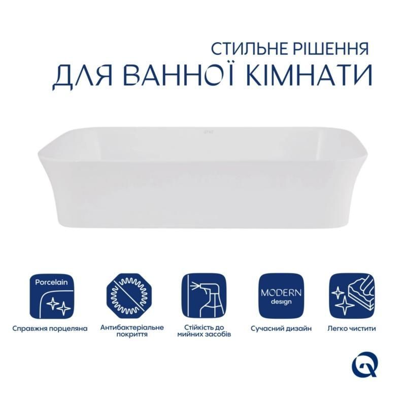 Комплект Qtap Virgo N: Раковина накладная 560x380x130 мм, White, прямоугольная + Донный клапан Pop-up PU02 QT18116308W48462 QT18116308W48462 &mdash; фото в Esantehnika