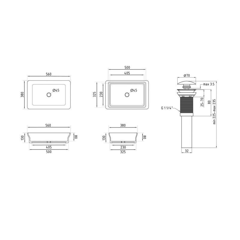 Комплект Qtap Virgo N: Раковина накладная 560x380x130 мм, White, прямоугольная + Донный клапан Pop-up PU02 QT18116308W48462 QT18116308W48462 &mdash; фото в Esantehnika