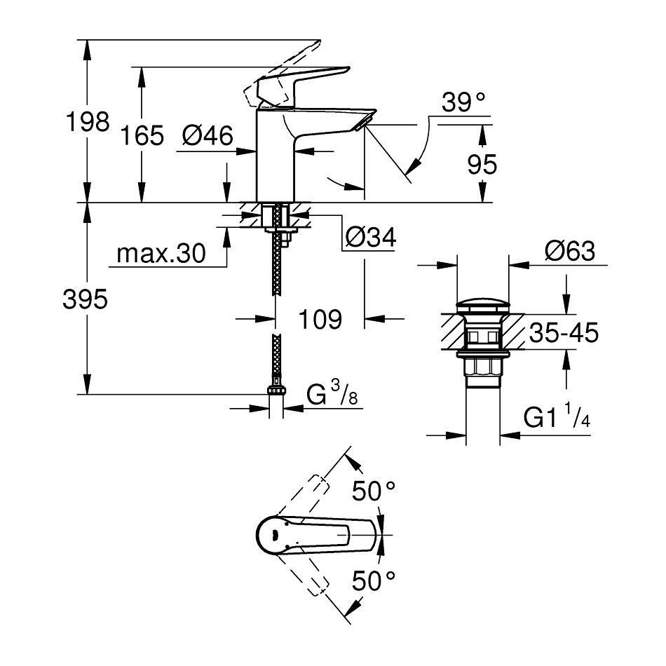 Смеситель для раковины Grohe QuickFix Start S-Size (цвет - чёрный матовый), с донным клапаном 235502432 235502432 &mdash; фото в Esantehnika