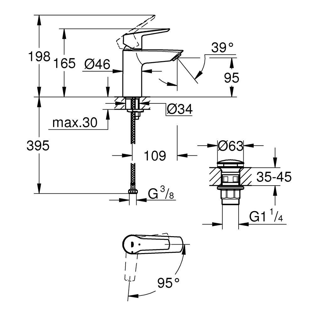 Смеситель для раковины Grohe QuickFix Start S-Size (цвет - чёрный матовый), с донным клапаном 235512432 235512432 &mdash; фото в Esantehnika