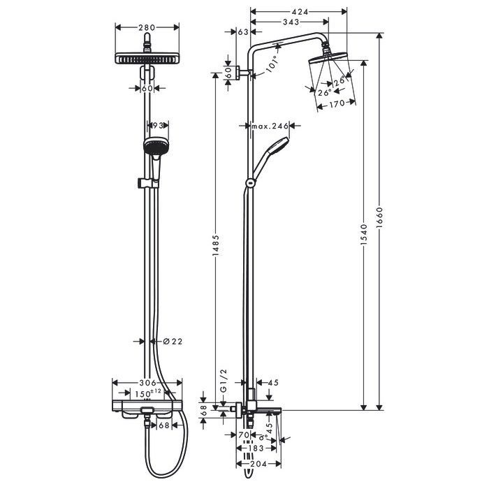 Душова система з термостатом Hansgrohe Croma E Showerpipe 280 1jet 27687000 27687000 &mdash; фото в Esantehnika