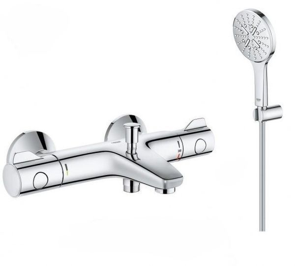 Смеситель для ванны Grohe Grohtherm 800 хром 34567000 + Душевой набор Grohe Rainshower Smartactive 130 3 режима 26581000 34567000+26581000 &mdash; фото в Esantehnika