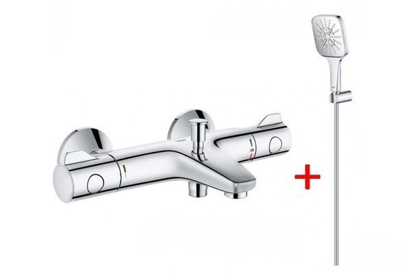 Смеситель для ванны Grohe Grohtherm 800 хром 34567000 + Душевой набор Grohe Rainshower Smartactive Cube 130 3 режима 26589000 34567000+26589000 &mdash; фото в Esantehnika