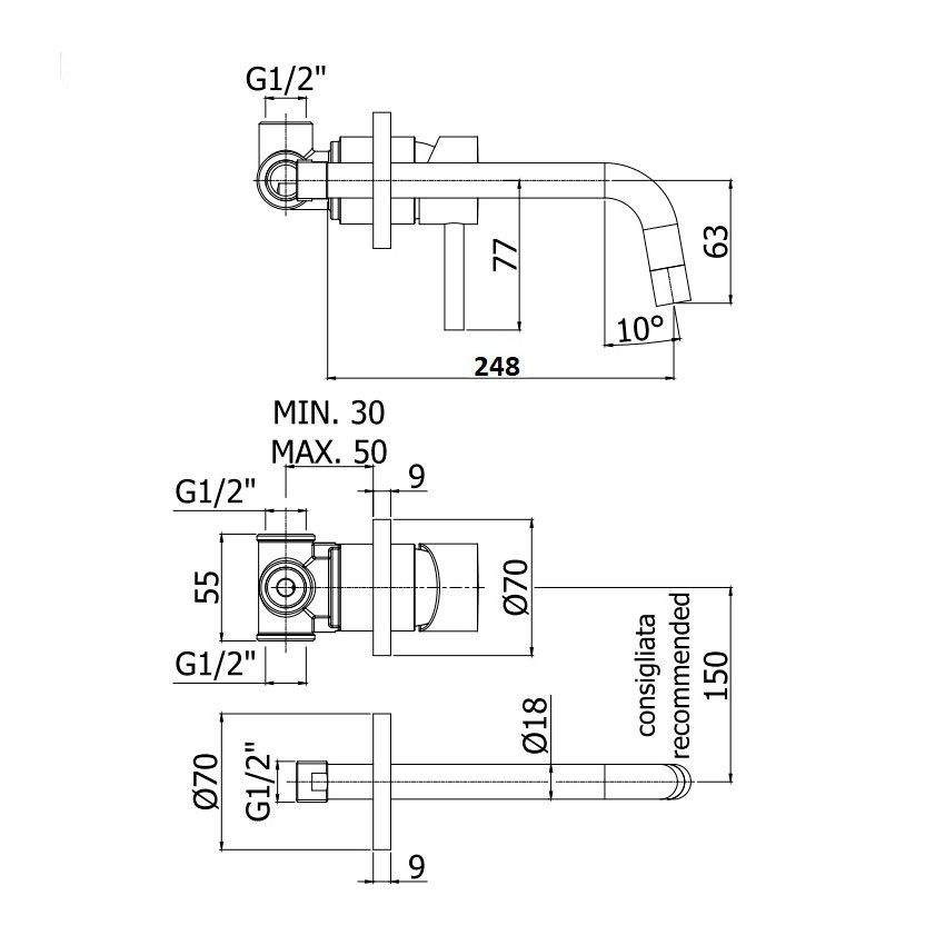 Смеситель для раковины настенный Paffoni Light (цвет - хром), излив 248 мм LIG007CR70 LIG007CR70 &mdash; фото в Esantehnika