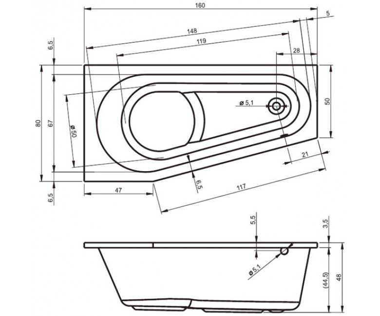 Ванна акрилова асиметрична Riho Delta 160x80 права (B068001005) BB8200500000000 B068001005 &mdash; фото в Esantehnika