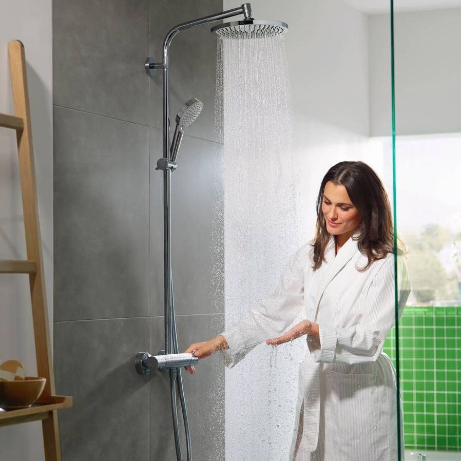 Душова система Hansgrohe Crometta S Showerpipe 240 1jet EcoSmart з термостатом 9 л/хв, хром (27268000) 27268000 &mdash; фото в Esantehnika