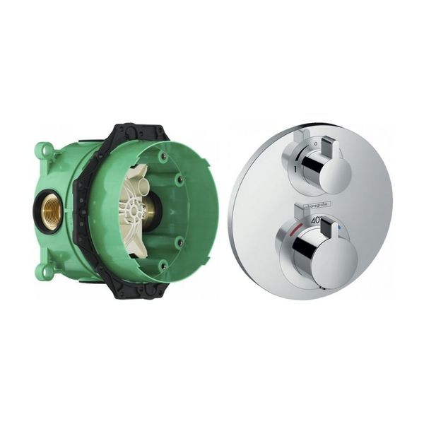 Смеситель с термостатом Hansgrohe Ecostat S (цвет-хром) 15758000 со скрытой частью IBOX Universal 01800180 15758000+01800180 &mdash; фото в Esantehnika
