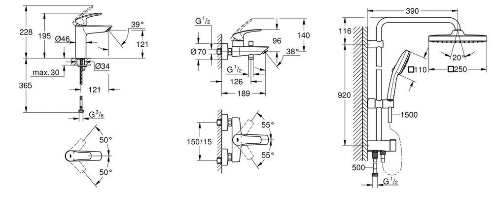 Набір змішувачів для ванни з душовою системою Grohe Eurosmart Tempesta Cube 250 (UA123246R1) UA123246R1 &mdash; фото в Esantehnika