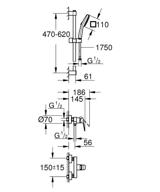 Смеситель для душа с гарнитуром Grohe Cubeo чёрный матовый (1018252430) 1018252430 &mdash; фото в Esantehnika