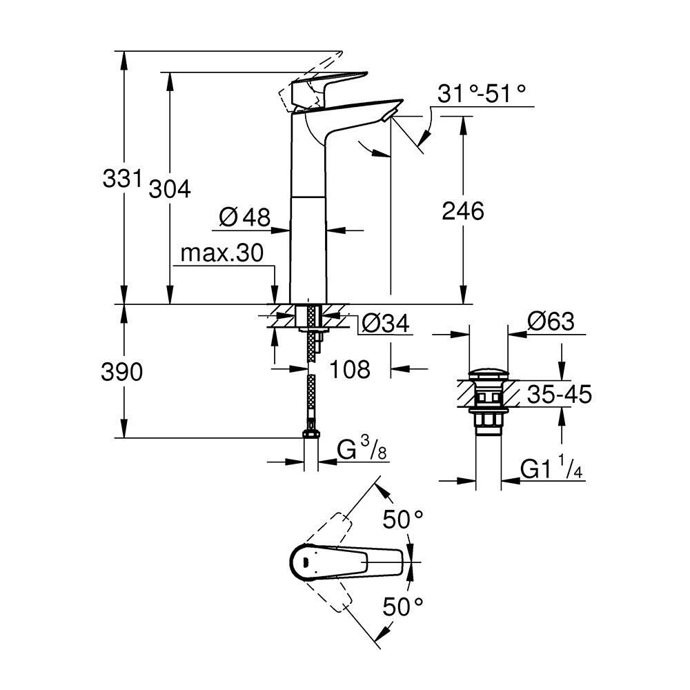 Смеситель для раковины XL-размера Grohe QuickFix Start Edge (цвет - хром) 23777001 23777001 &mdash; фото в Esantehnika