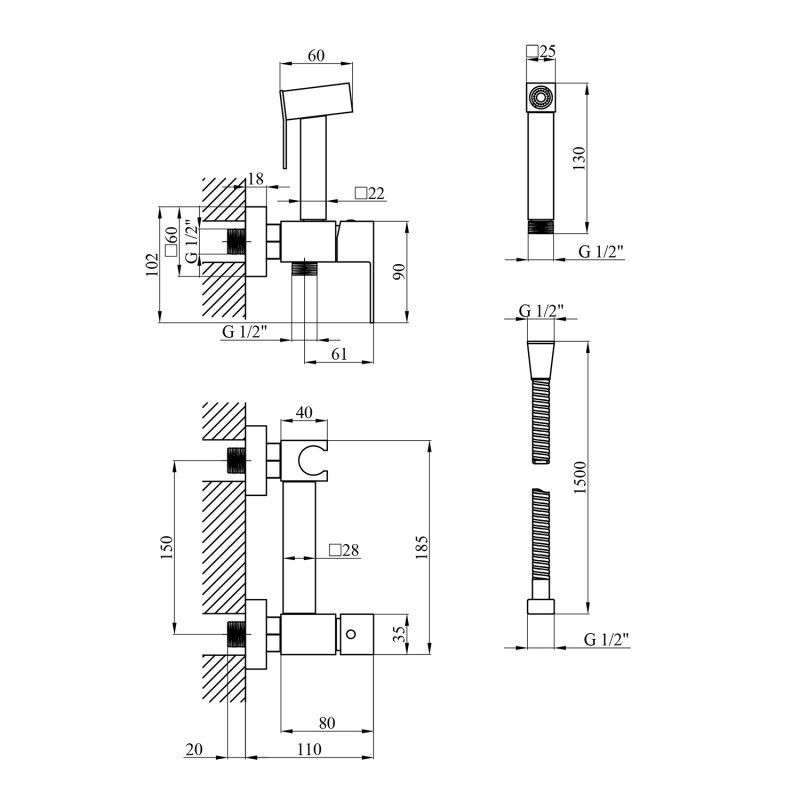 Смеситель для биде Kroner KRP Edelstahl Kubus - CHR052 с гигиеническим душем CV031896 CV031896 &mdash; фото в Esantehnika