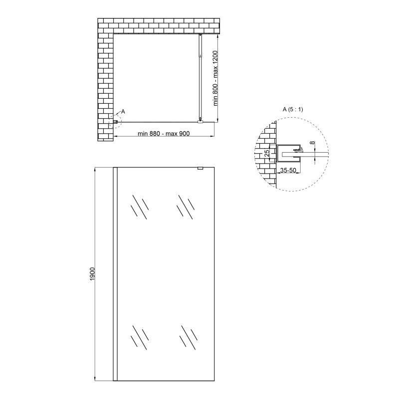 Душова перегородка QTAP Walk-In STANDARD CRM209.C8, скло 8 мм Clear, CalcLess, 90x190, нерухома STDCRM209C8 STDCRM209C8 &mdash; фото в Esantehnika