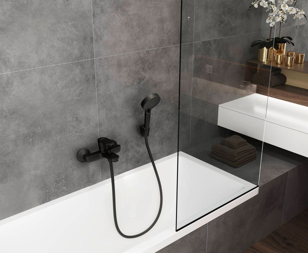 Набор смесителей Hansgrohe EcoSmart для ванны Vernis Blend MB 100 (71551670+71440670+26423670), черный матовый (20230001) 20230001 &mdash; фото в Esantehnika