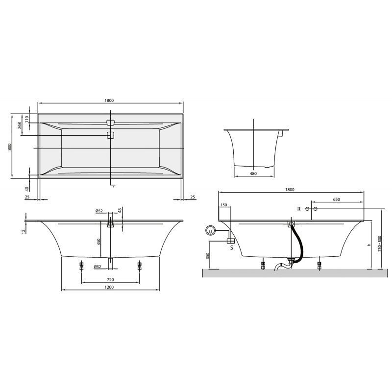 Ванна квариловая Villeroy & Boch Squaro Edge 180 х 80 х h47,5 см, альпийский белый + ножки и сифон в комплекте UBQ180SQE2DV-01 UBQ180SQE2DV-01 &mdash; фото в Esantehnika